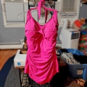 Suddenly Slim Hot Pink Halter Bathing Suit Sz 16W